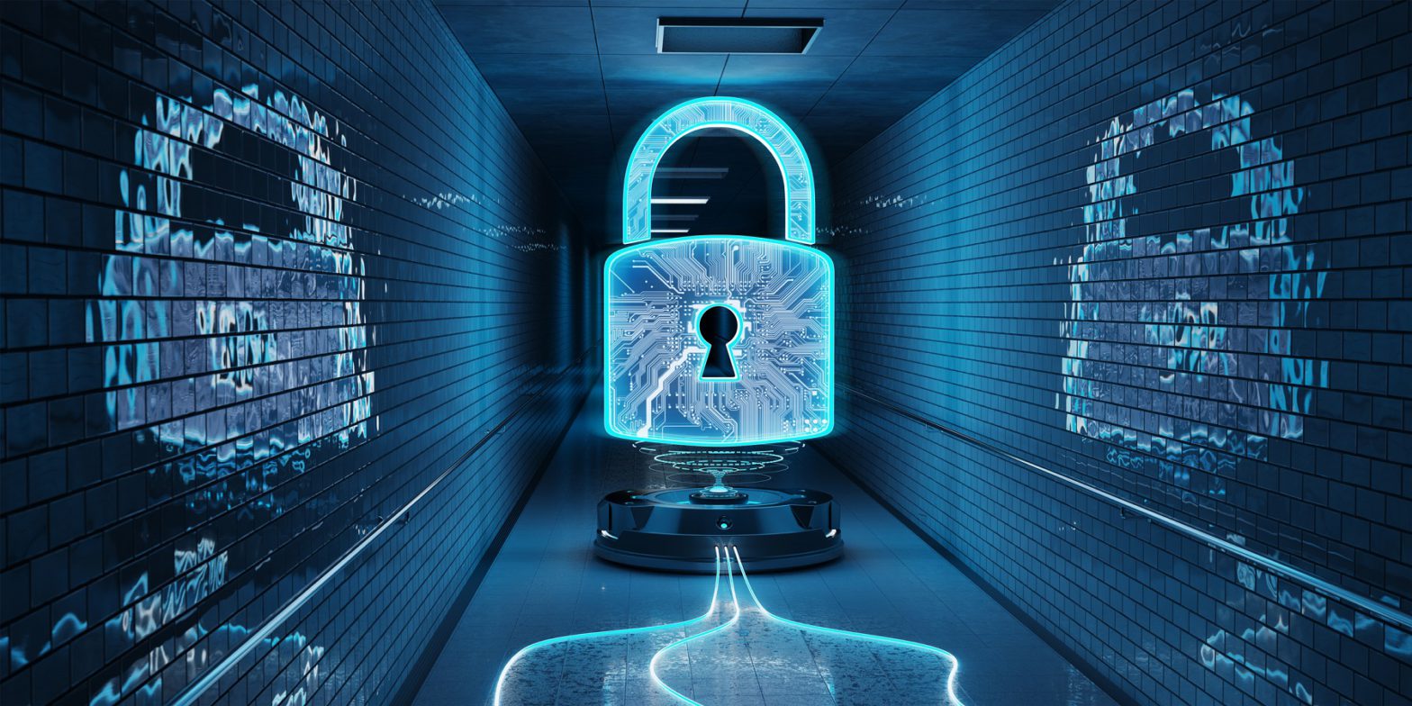 Blue underground cyber security hologram with digital padlock 3D rendering